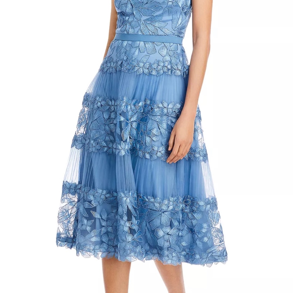 Tadashi Shoji Off the shoulder floral embroidered dress- blue stone sz 4